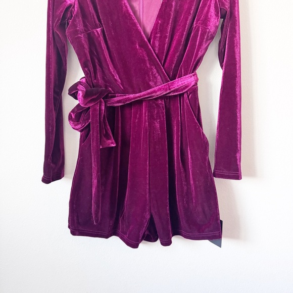 Lulu's Velvet Long Sleeve Romper in DeepMaroon Red - Picture 8 of 12
